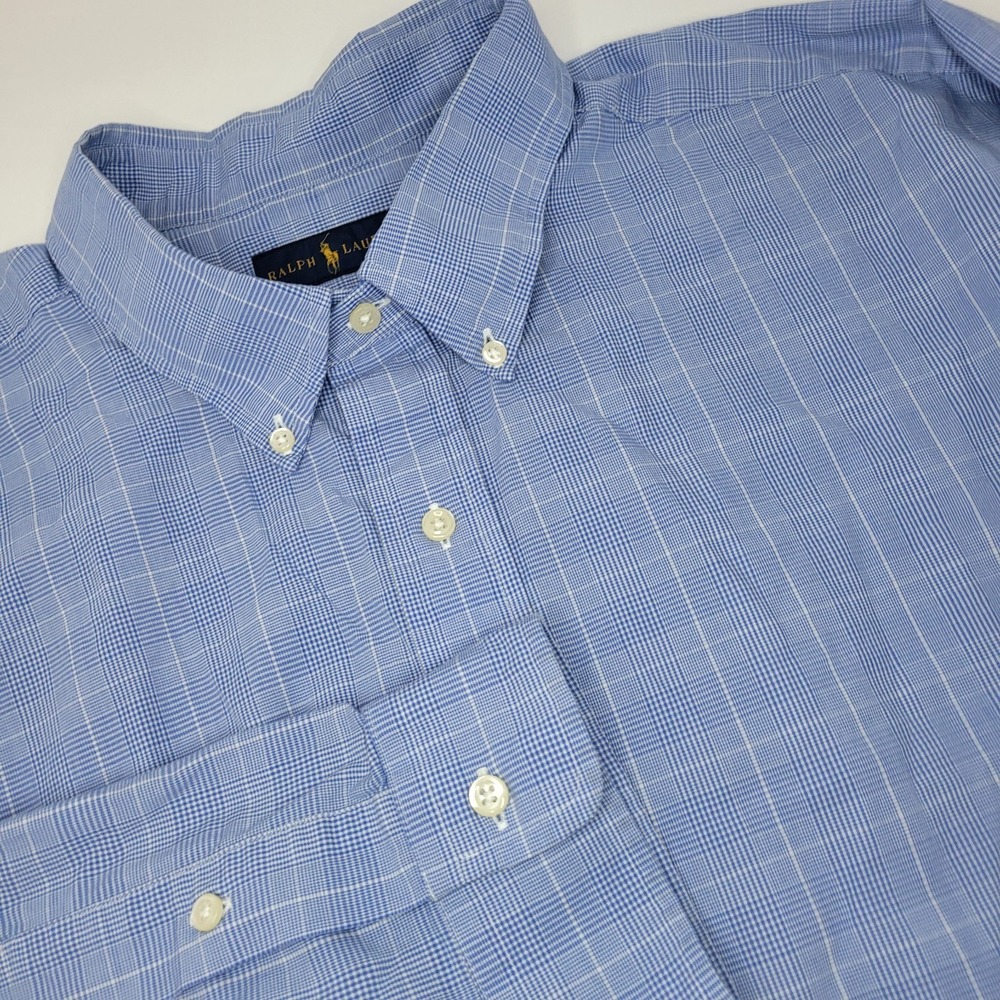 Ralph Lauren Button Down Shirt Mens 2XLT Blue Check Excellent Long Sleeve Tall